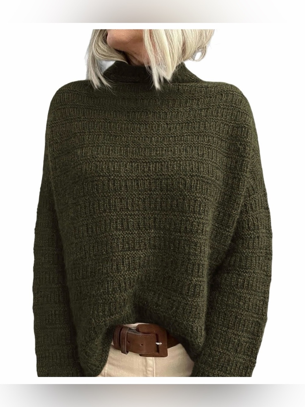 Olive Green Turtleneck Knit Sweater Women’s Mock Neck Oversized XL bell sleeves